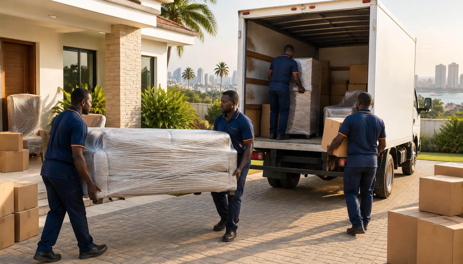 Movers loading wrapped furniture into a truck